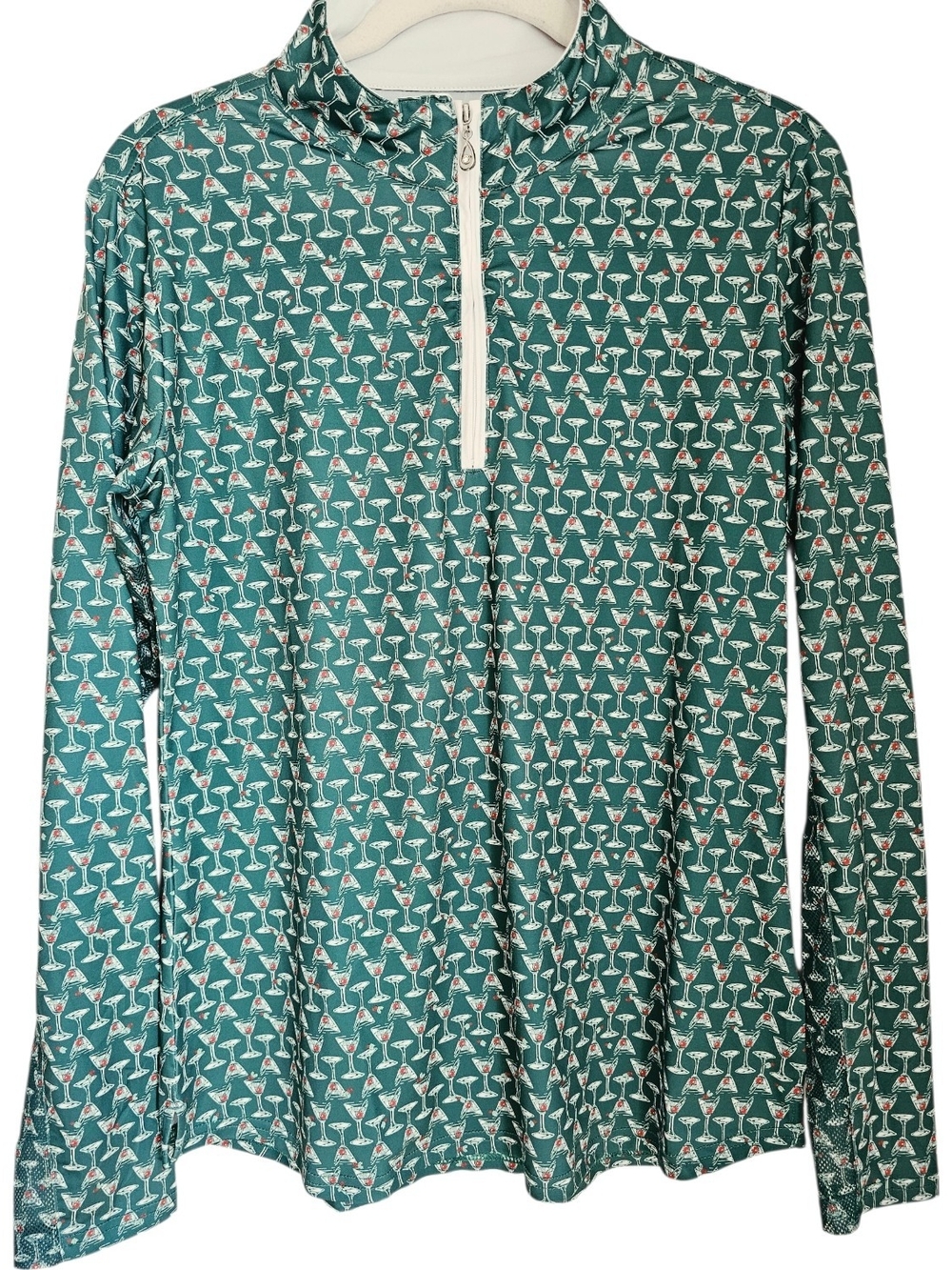 SanSoleil SolCool Womens M Green Martini Glass Print 1/4 Zip Golf Top UPF 50